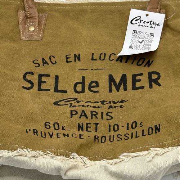 Creative Leather Art Canvas Tote Bag “Sel de Mer” Paris - Fringed & Striped Lini - Picture 3 of 11